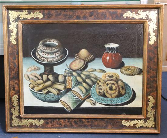 17th century Italian Style Still lifes of fruit and pastries on tabletops 19 x 25in.